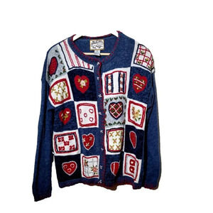Vtg Heirloom Collectables Cardigan M Blue Floral Hearts Embroidered Ramie Blend
